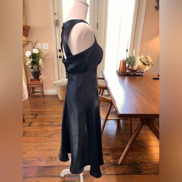 Rabbit Designs Black Satin Sheath Cocktail Dress Cutout Back Midi 10 Made in USA - Picture 4 of 9